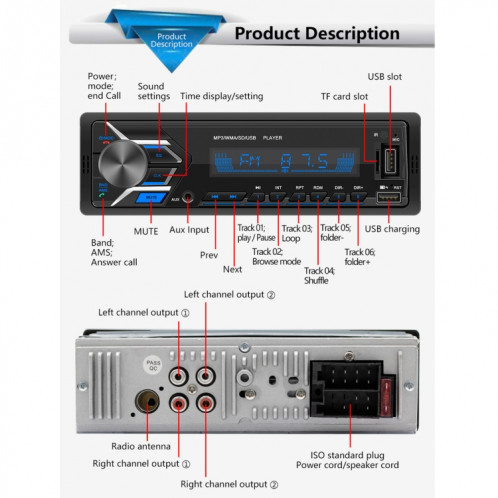 Lecteur MP3 de récepteur d'autoradio SWM503 avec télécommande, prise en charge FM et Bluetooth et USB et carte AUX et TF SH4701438-015