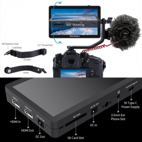 FEELWORLD F6 Plus V2 Moniteur de champ de caméra DSLR à écran tactile 3D LUT, IPS FHD1920x1080 Entrée et sortie HDMI 4K, avec bras inclinable SF20391238-08