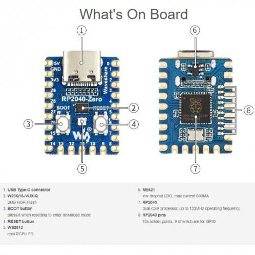 Waveeshare RP2040-ZERO PICO-CI MCU Board basé sur Raspberry Pi MCU RP2040, avec une mini version de la tête de tête SW02261825-07
