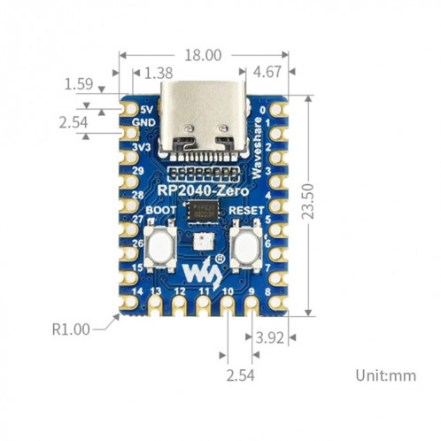 Waveeshare RP2040-ZERO PICO-CI MCU Board basé sur Raspberry Pi MCU RP2040, avec une mini version de la tête de tête SW02261825-07