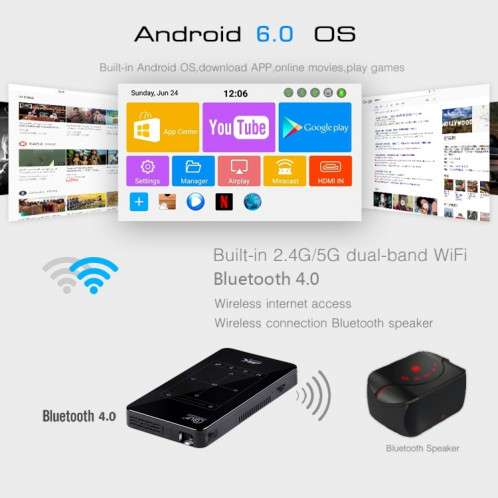 P09 Mini projecteur intelligent portable 4K Ultra HD DLP avec télécommande infrarouge, Amlogic S905X 4-Core A53 jusqu'à 1,5 GHz Android 6.0, 1 Go + 8 Go, prise en charge WiFi 2.4G / 5G, Bluetooth, carte TF (noir) SH166B205-015