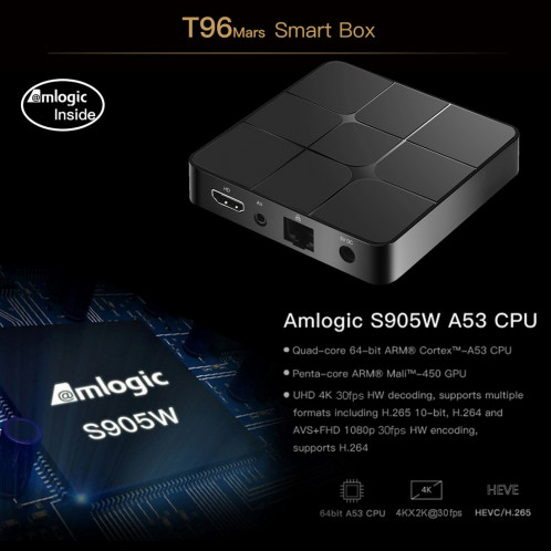 Smart Box T96 Mars 4K HD avec télécommande, Android 7.1.2, ARM Cortex-A53 Quad-Core 64 bits S905W, 1 Go + 8 Go, Carte de support TF, HDMI, LAN, AV, WiFi (Noir) SH084B664-014