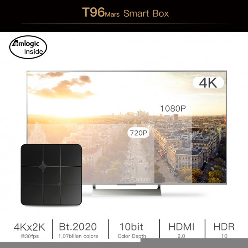 Smart Box T96 Mars 4K HD avec télécommande, Android 7.1.2, ARM Cortex-A53 Quad-Core 64 bits S905W, 1 Go + 8 Go, Carte de support TF, HDMI, LAN, AV, WiFi (Noir) SH084B664-014