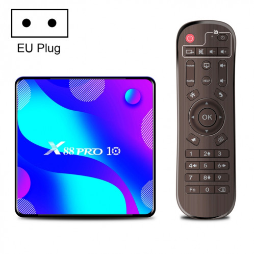 X88 Pro 10 4K Ultra HD Android TV Box avec télécommande, Android 10.0, RK3318 Quad-Core 64bit Cortex-A53, 4 Go + 64 Go, prise en charge Bluetooth / WiFi bi-bande / carte TF / USB / AV / Ethernet (prise UE) SH54EU1053-011