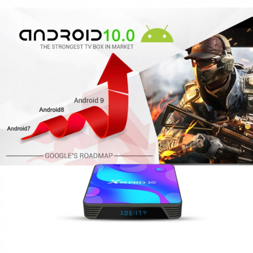 X88 Pro 10 4K Ultra HD Android TV Box avec télécommande, Android 10.0, RK3318 Quad-Core 64bit Cortex-A53, 4 Go + 64 Go, prise en charge Bluetooth / WiFi bi-bande / carte TF / USB / AV / Ethernet (prise UE) SH54EU1053-011