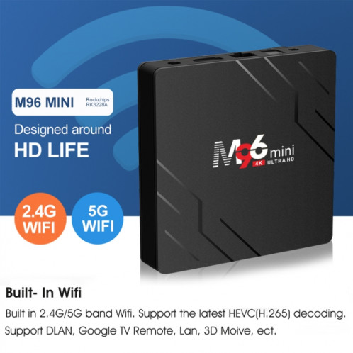M96mini 4K Smart TV BOX Android 9.0 Lecteur multimédia avec télécommande, Quad-core RK3228A, RAM : 2 Go, ROM : 16 Go, WiFi double bande, prise UE SH10EU1133-011