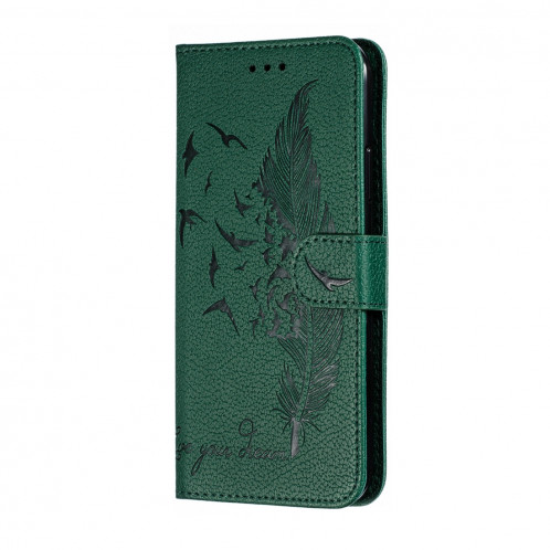 Etui en cuir à rabat horizontal avec motif de plume et texture litchi avec emplacements pour portefeuille et porte-cartes pour iPhone 11 Pro (Vert) SH803B1418-011