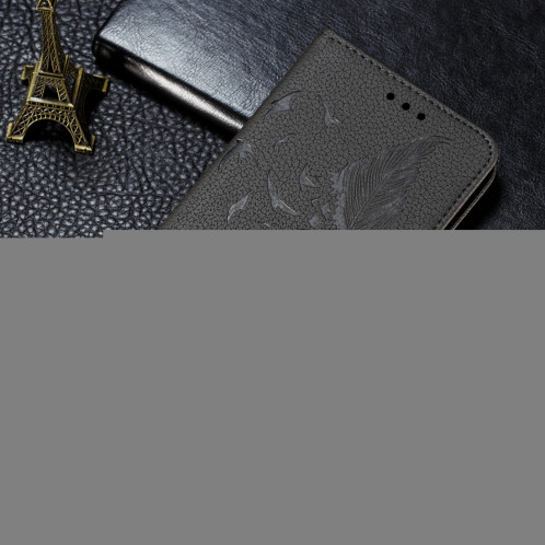 Etui en cuir à rabat horizontal avec motif de plume et texture litchi avec emplacements pour portefeuille et porte-cartes pour iPhone 11 Pro (Gris) SH803D1304-011