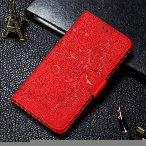 Étui en cuir à rabat horizontal avec motif de plume et texture litchi avec fentes pour portefeuille et porte-cartes pour iPhone 11 Pro Max (rouge) SH805A1956-011