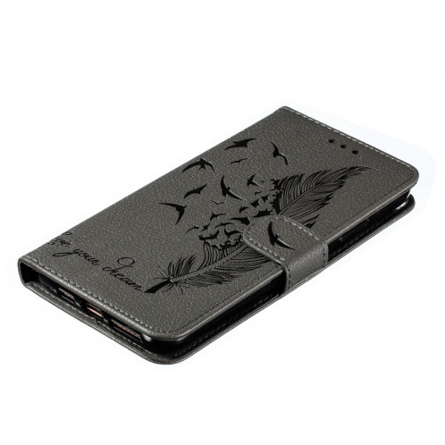 Etui en cuir à rabat horizontal avec motif de plume et texture litchi avec emplacements pour portefeuille et porte-cartes pour iPhone 11 Pro Max (Gris) SH805D1780-011