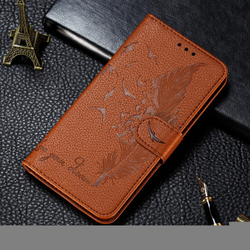 Etui en cuir à rabat horizontal avec motif de plume et texture litchi avec emplacements pour portefeuille et porte-cartes pour iPhone 11 Pro Max (Marron) SH805E201-011