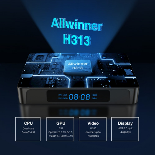 X96Q PRO 4K Smart TV Box Android 10.0 Media Player, Allwinner H313 Quad Core Arm Cortex A53, RAM: 1 Go, ROM: 8 Go, Type de fiche: plug EU SH6101741-010