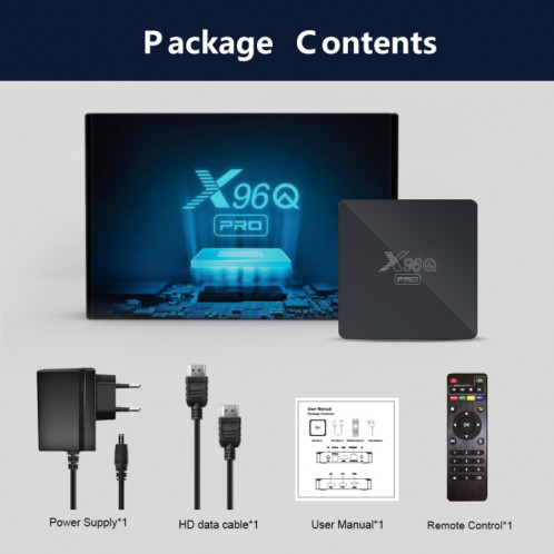 X96Q PRO 4K Smart TV Box Android 10.0 Media Player, Allwinner H313 Quad Core Arm Cortex A53, RAM: 1 Go, ROM: 8 Go, Type de fiche: plug EU SH6101741-010