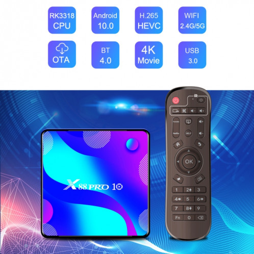 X88 Pro10 4K Smart TV Box Android 11.0 Player Media, RK3318 Quad-core 64bit Cortex-A53, RAM: 2 Go, ROM: 16 Go (Plug US) SH601A1975-07