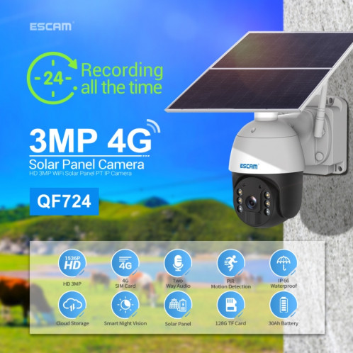 ESCAM QF724 3MP 24h Enregistrement Cloud Storage PT 4G PIR Alarme Caméra IP avec Panneau Solaire, Bandes de Signal Européennes SE22021975-014
