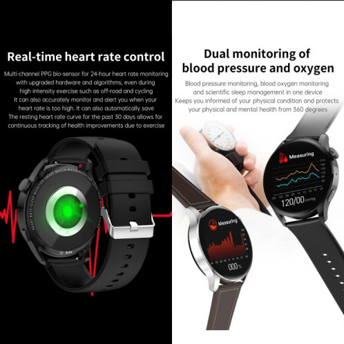 Montre intelligente GW69, prise en charge des appels BT/fréquence cardiaque/tension artérielle/oxygène sanguin (noir + bracelet en cuir noir) SH901A1371-019