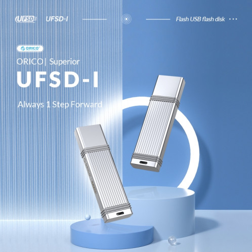 Clé USB ORICO UFS, lecture : 411 Mo/s, écriture : 353 Mo/s, mémoire : 64 Go, port : USB-A (argent). SO001A1785-013