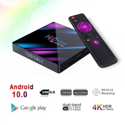H96 MAX-3318 4K Ultra HD Android TV Boîte avec télécommande, Android 10,0, RK3318 Quad-Core 64bit Cortex-A53, 4 Go + 32 Go, Carte TF / USBX2 / AV / Ethernet, Fiche Spécification: US FICHER SH46041781-012