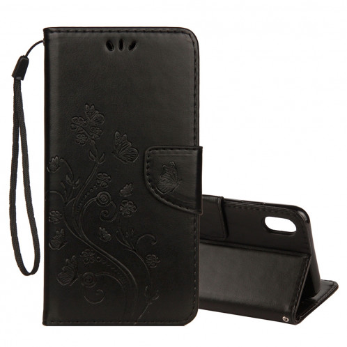 Étui à rabat horizontal avec motif papillon en relief avec fente pour carte et porte-monnaie et porte-monnaie pour iPhone XS Max (noir) SH014B1364-09