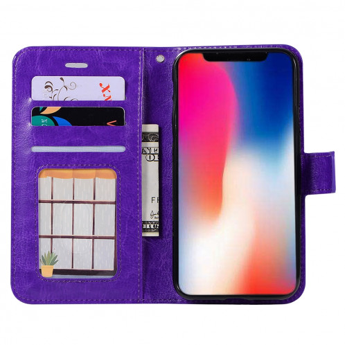 Pour iPhone X / XS Crazy Horse Texture Housse en cuir horizontale avec support et fentes pour cartes et porte-monnaie et cadre photo (violet) SH475P150-06