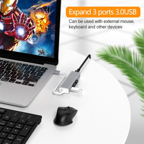 USB-C / Type-C vers Gigabit Ethernet RJ45 et 3 x adaptateur USB 3.0 convertisseur HUB, ordinateur tablette externe téléphone universel (argent) SH006S1517-010