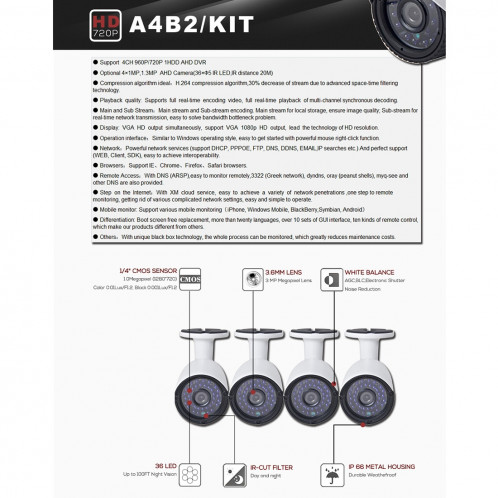 Kit caméra NVR COTIER A4B2 4Ch 720P 1.0 Mega Pixel Bullet, détection de vision nocturne / détection de mouvement, distance IR: 20m SC077A1400-08
