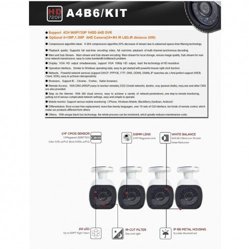 Kit caméra NVR COTIER A4B6 4Ch 720P 1.0 Mega Pixel Bullet, détection de vision nocturne / détection de mouvement, distance IR: 15m SC078A1154-08