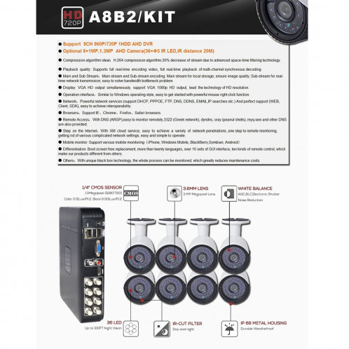 Kit caméra NVR COTIER A8B2 8Ch 720P 1.0 Mega Pixel Bullet, Vision nocturne / Détection de mouvement, Distance IR: 20m SC079A519-08