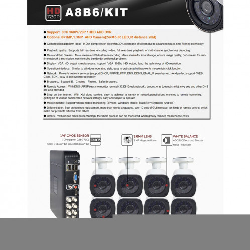 Kit caméra NVR COTIER A8B6 8Ch 960P 1.3 Mega Pixel Bullet, Vision nocturne / Détection de mouvement, Distance IR: 15m SC080B1135-08