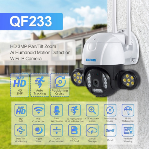Escam QF233 3.0 millions de pixels Smart WiFi Caméra IP, Support Auto Suivi & Night Vision & Two Way Card de l'audio & TF & ONVIF SE30US1548-014