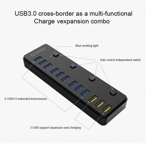 ORICO P12-U3 Bureau Multi-fonction 12 ports USB 3.0 HUB avec 1 m câble USB et indicateur LED SO1135890-012
