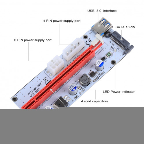 PCE164P-N06 VER008S USB 3.0 PCI-E Express 1x à 16x Adaptateur de carte de rallonge PCI-E 15 broches SATA Power 6 broches + 4 broches Port d'alimentation avec câble USB de 60cm (rouge) SP282R311-010