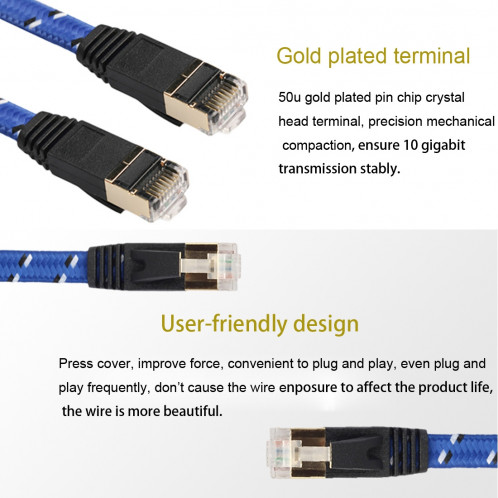 Câble de correction plat ultra plat plaqué or 10m CAT-7 10 Gigabit Ethernet pour le réseau LAN de routeur de modem, construit avec le connecteur RJ45 protégé S33642669-06