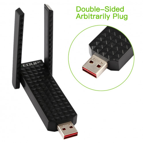 EDUP EP-AC1625 600Mbps 2.4G / 5.8GHz Double Bande 11AC USB 2.0 Adaptateur Carte réseau sans fil avec 2 antennes pour ordinateur portable / PC (Noir) SE980B408-012