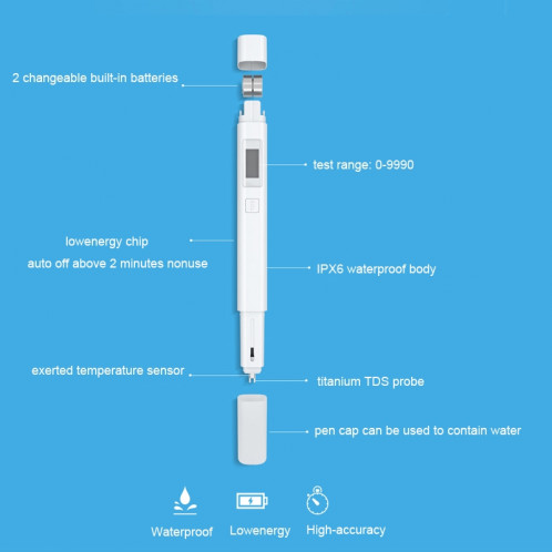Xiaomi Superb Mini Précis Exquise Facile à utiliser Testeur De Pureté De L'eau Testeur De Qualité D'eau TDS (Blanc) SX000W1109-012