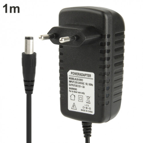 Adaptateur secteur de haute qualité EU Plug AC 100-240V à DC 12V 2A, embouts: 5,5 x 2,1 mm, longueur du câble: 1 m (noir) SH002A1616-04