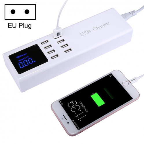 8 ports USB 8A chargeur de voyage avec écran LCD, prise de l'UE, pour iPhone, iPad, Samsung, HTC, Sony, Nokia, LG et autres smartphones SH392A404-08