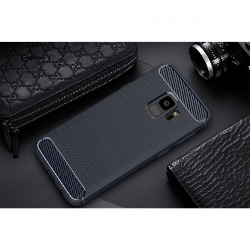 Pour Samsung Galaxy S9 Texture de fibre de carbone brossé Soft TPU Anti-skip Housse de protection arrière (Bleu marine) SF14NV1892-011