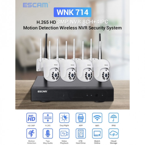 ESCAM WNK714 3,0 millions de pixels Kit de surveillance sans fil HD à 4 canaux à 4 canaux, prise US SE00US1881-014