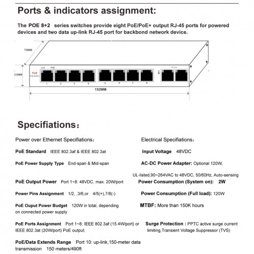 ESCAM POE 8 + 2 Commutateur Fast Ethernet à 10 ports Commutateur réseau POE 10 / 100M 120W à 8 ports, Distance de transmission: 150m (Noir) SE143B1608-09