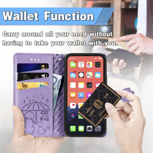 Coque en cuir horizontal horizontal de chat et de chien mignon avec support et portefeuille et portefeuille pour iPhone 13 Pro (violet) SH002D136-07