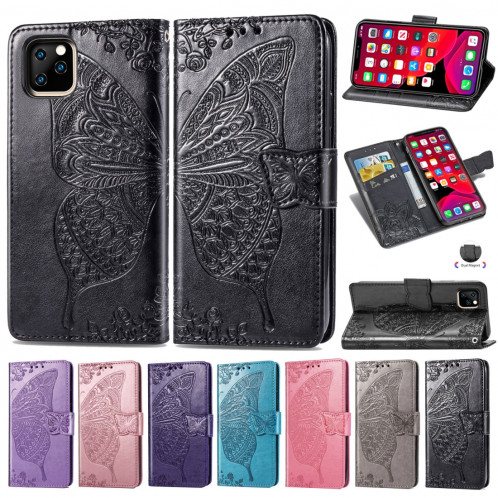 Étui en cuir Flip horizontal gaufrage papillon amour fleurs pour iPhone 11 Pro Max avec titulaire et fentes pour cartes et porte-monnaie et lanière (Noir) SH801A930-017