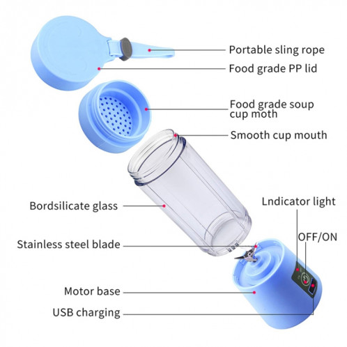 Bouteille de mélangeur de tasse de fabricant de jus d'orange d'agrumes de légume automatique électrique rechargeable par USB (380ML) (2 lames violet) SH201J1098-010