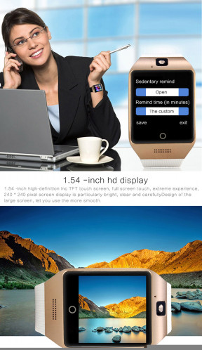 Q18S 1.54 pouces IPS écran MTK6260A Bluetooth 3.0 Smart Watch Téléphone, podomètre / Rappel sédentaire / Moniteur de sommeil / Anti-Perte / Caméra à distance / GSM / 0,3 M Caméra (Noir + Or) SQ41BJ1035-015