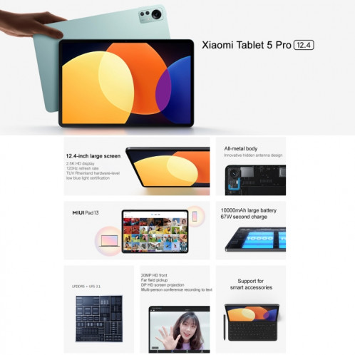 Xiaomi Pad 5 Pro, 12,4 pouces, 6 Go + 128 Go, Caméras arrière doubles, MIUI 13 Qualcomm Snapdragon 870 Octa Core jusqu'à 3,2 GHz, batterie 10 000 mAh (noir) SX811B1033-013