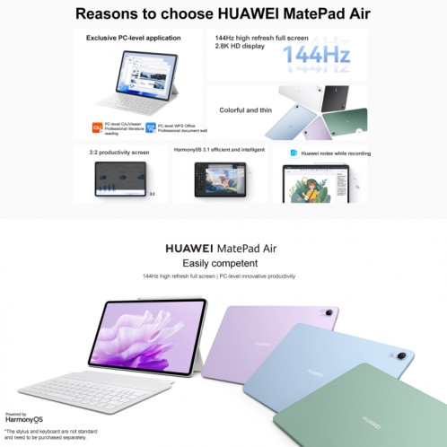 HUAWEI MatePad Air 11,5 pouces Wi-Fi DBY2-W00 8 Go + 256 Go, HarmonyOS 3.1 Qualcomm Snapdragon 888 Octa Core, prend en charge le double WiFi/BT/GPS, ne prend pas en charge Google Play (bleu) SH034L445-015