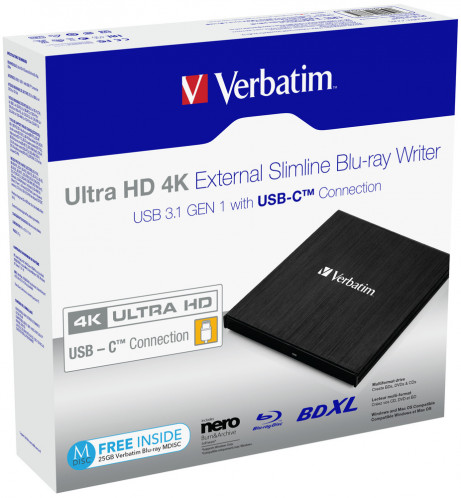 Verbatim Slimline Blu-ray Writer USB 3.1 GEN 1 USB-C Ultra HD 4K 446861-07