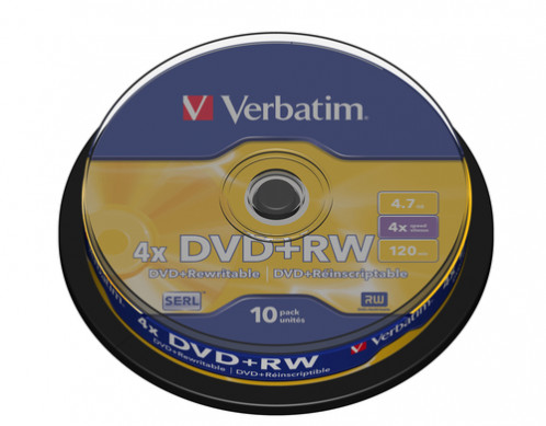 1x10 Verbatim DVD+RW 4,7GB 4x Speed, mat argent cakebox 717857-33