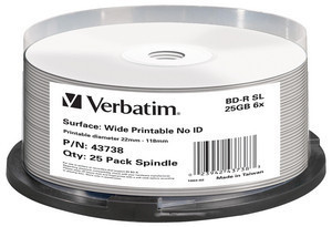1x25 Verbatim BD-R Blu-Ray 25GB 6x Speed wide imprimable NO-ID 654493-32