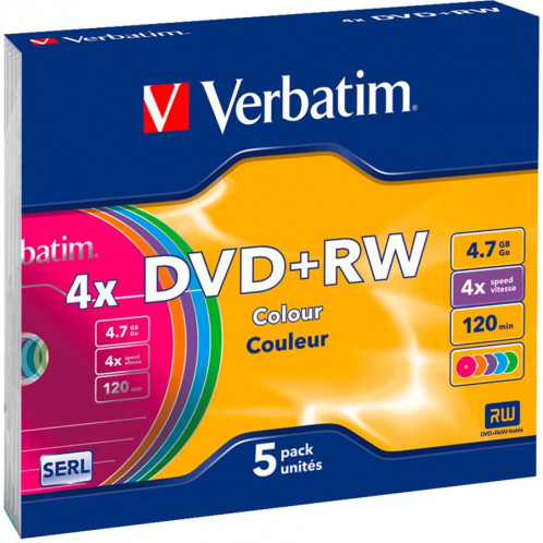 1x5 Verbatim DVD+RW 4,7GB 4x Speed Colour Surface Slimcase 178222-36